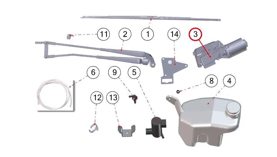 Vue éclatée essuie-glace avant Aixam – moteur 820BF025 (repère 3)